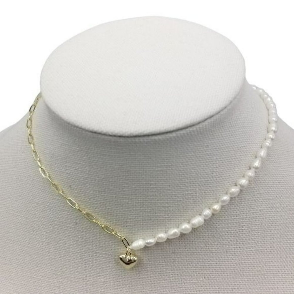 Gold Plated Cultured‎ Baroque Pearl Chain Link Heart Pendant Choker Necklace